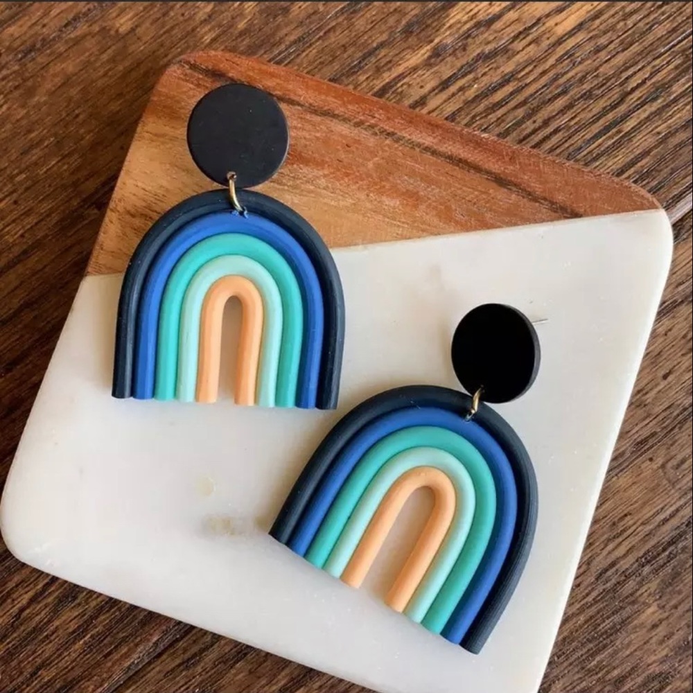 Ceramic Clay Rainbow Dangle Drop Earrings Blk Blue